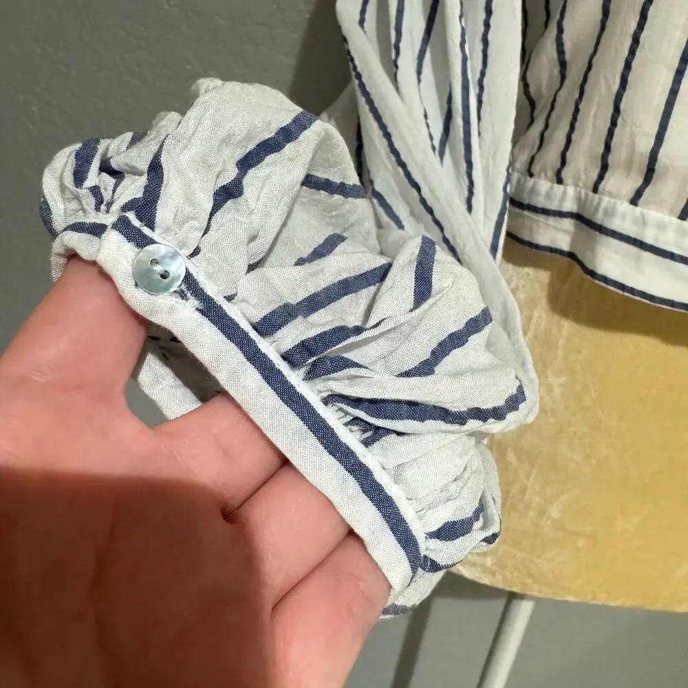 Zara White Striped Seersucker Balloon Sleeve Crop Top Size S White/Blue